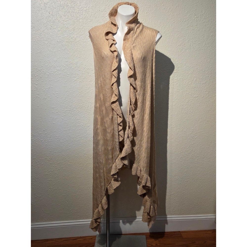 Umgee USA Womens 2XL Beige Knit Ruffle Lace Hem Long Sleeveless Cardigan Vest